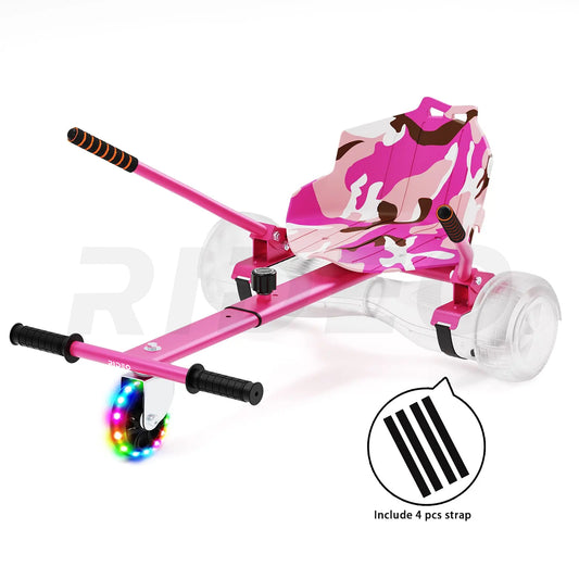 Top view showcasing the ergonomic design of the RIDEO Hoverboard Go-Kart A4, featuring a comfortable seat and adjustable frame for all age groups.Includes 4 hoverboard straps.