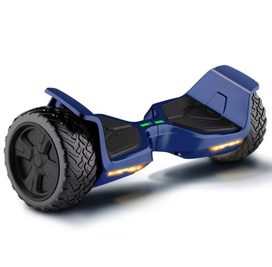 Sleek black Rideo V3 hoverboard with durable all-terrain wheels and integrated LED lights, designed for a smooth and stylish ride on various surfaces.