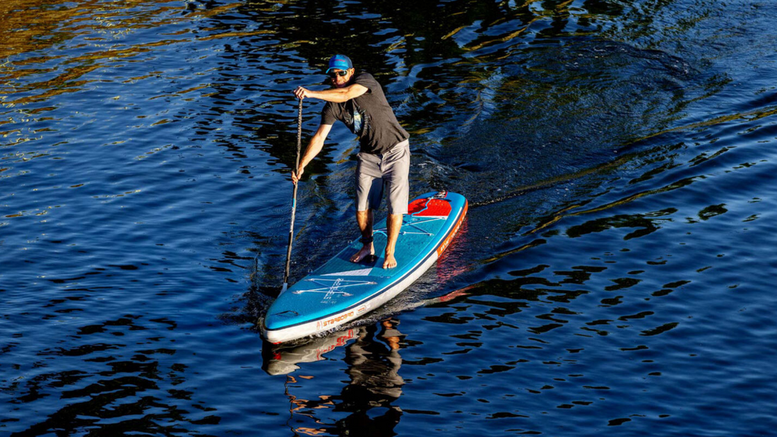 A men Ride on Surfwave Inflatable Stand up Paddle Board  in River Blog image