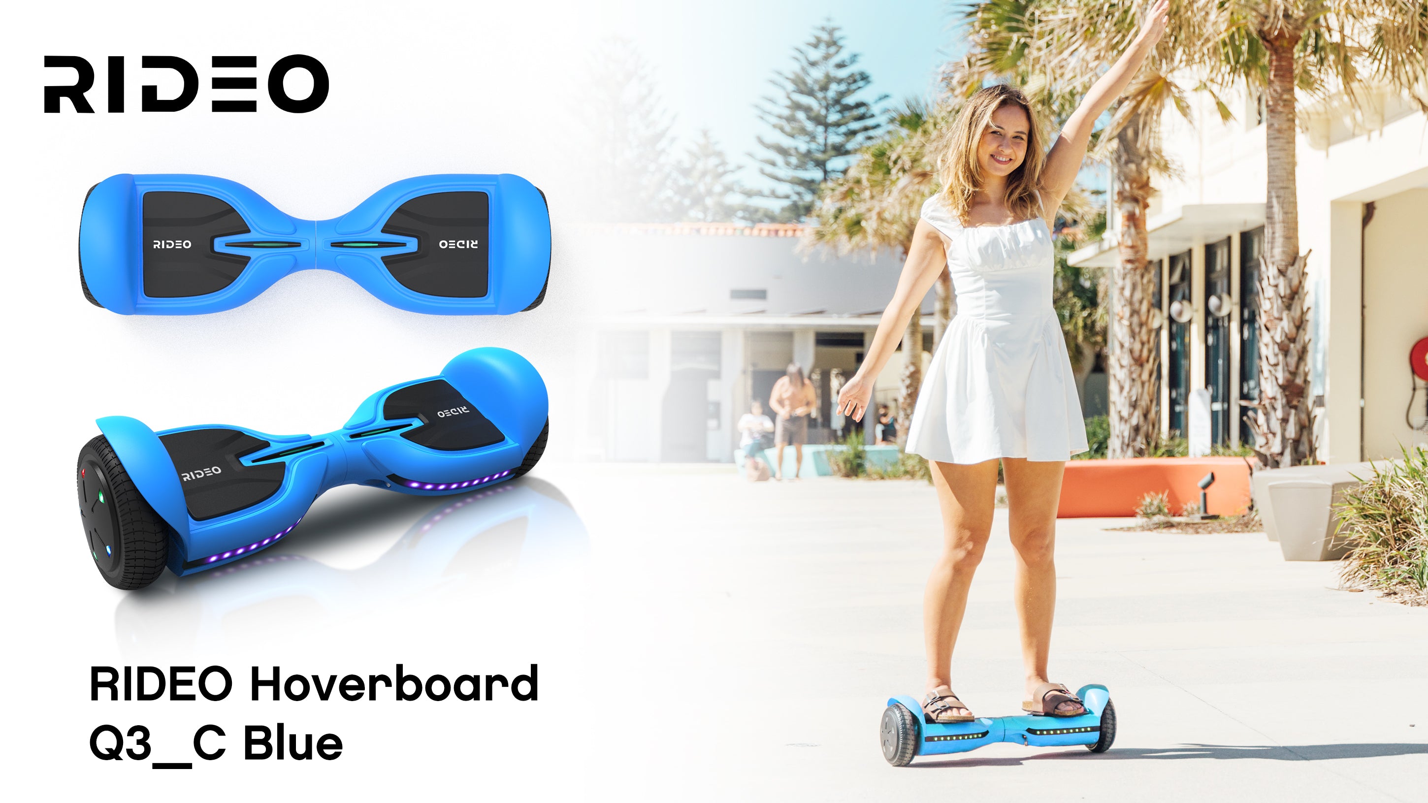 Next to a palm tree, a woman in a white dress rides a blue Q3_C hoverboard. With her arms outstretched, she is ready to embrace the joy of her ride.