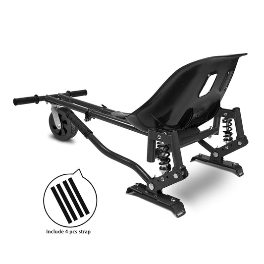 Top view showcasing the ergonomic design of the RIDEO Hoverboard Go-Kart A5, featuring a comfortable seat and adjustable frame for all age groups.Includes 4 hoverboard straps. 