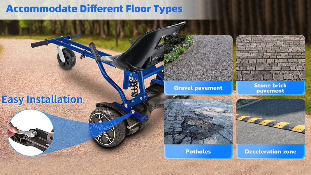 This image demonstrates the RIDEO go-kart A5, which is suitable for various complex terrains such as gravel roads, brick paths, potholes, and speed bumps, along with easy-to-follow installation instructions.