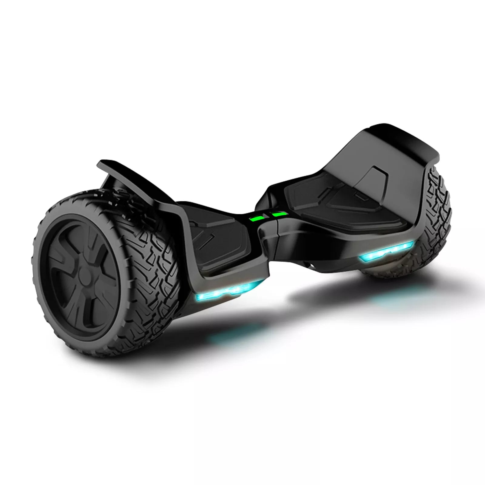 Sleek black Rideo V3 hoverboard with durable all-terrain wheels and integrated LED lights, designed for a smooth and stylish ride on various surfaces.