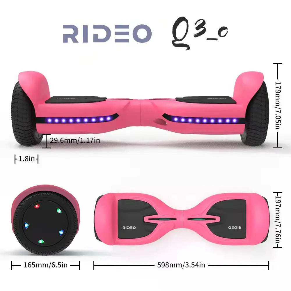 RIDEO Q3c Self Balance Scooter in pink with detailed measurements, including wheel size and overall dimensions, designed for stability and balance.